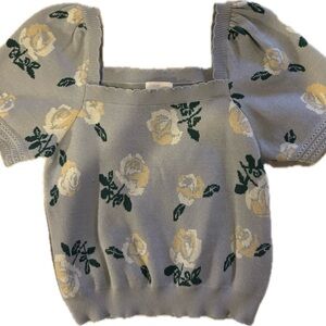 Floral Puff Sleeve Blouse - Gray